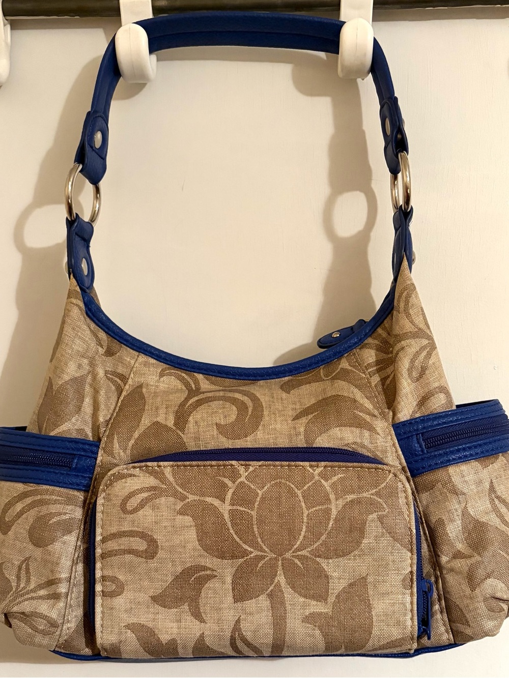 Koltov Beige Floral Shoulder Bag Blue Trim Multi Pocket Hobo - Picture 3 of 10